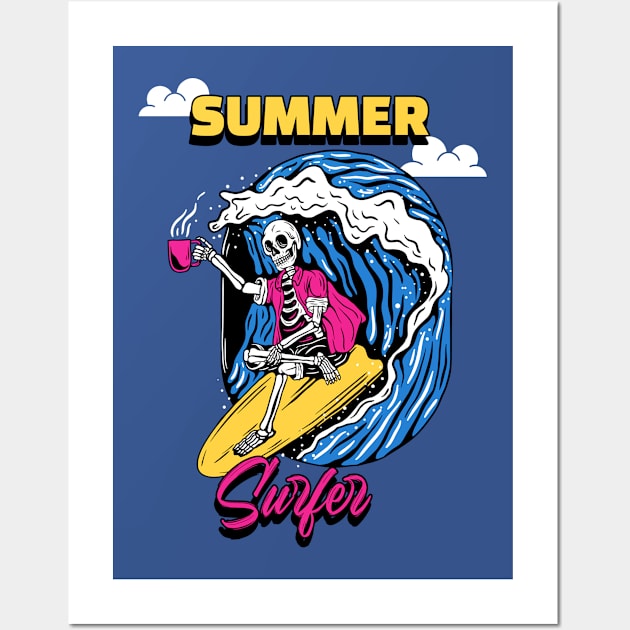 Surfer Wave Coffee Skeleton Summer Wall Art by letnothingstopyou